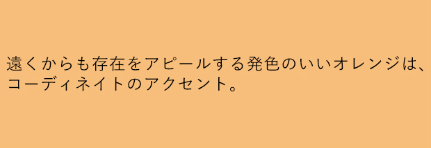 遠くからも存在をアピールする発色のいいオレンジは、コーディネイトのアクセント。